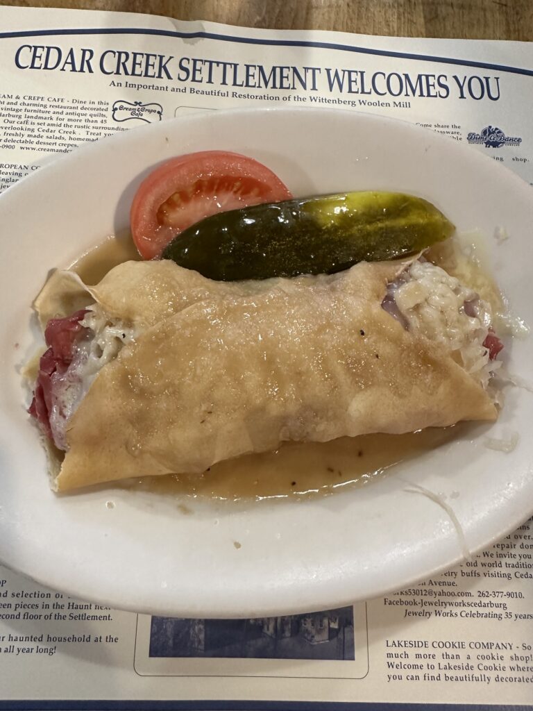 Mill's Delight crepe-like a reuben and topped with a horseradish sauce