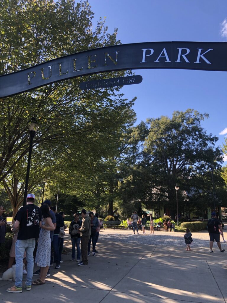 Pullen Park sign at the entrance of Pullen Park.