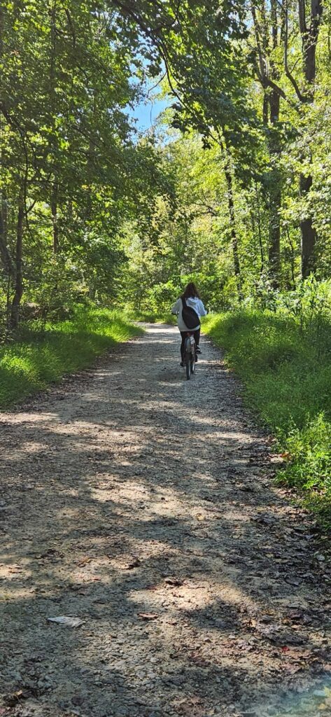 Riding a Cardinal Bikeshare bicycle through a gravel, tree lined path at the Museum Park at the North Carolina Museum of Art.