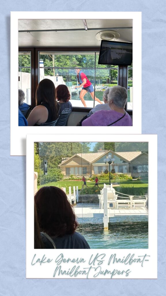 Two photographs showing the mailboat jumpers in action on the Lake Geneva US Mailboat. The first image captures a jumper in mid-action from inside the boat, while passengers look on. The second image shows two jumpers running along the dock, with the caption "Lake Geneva US Mailboat - Mailboat Jumpers" written below.