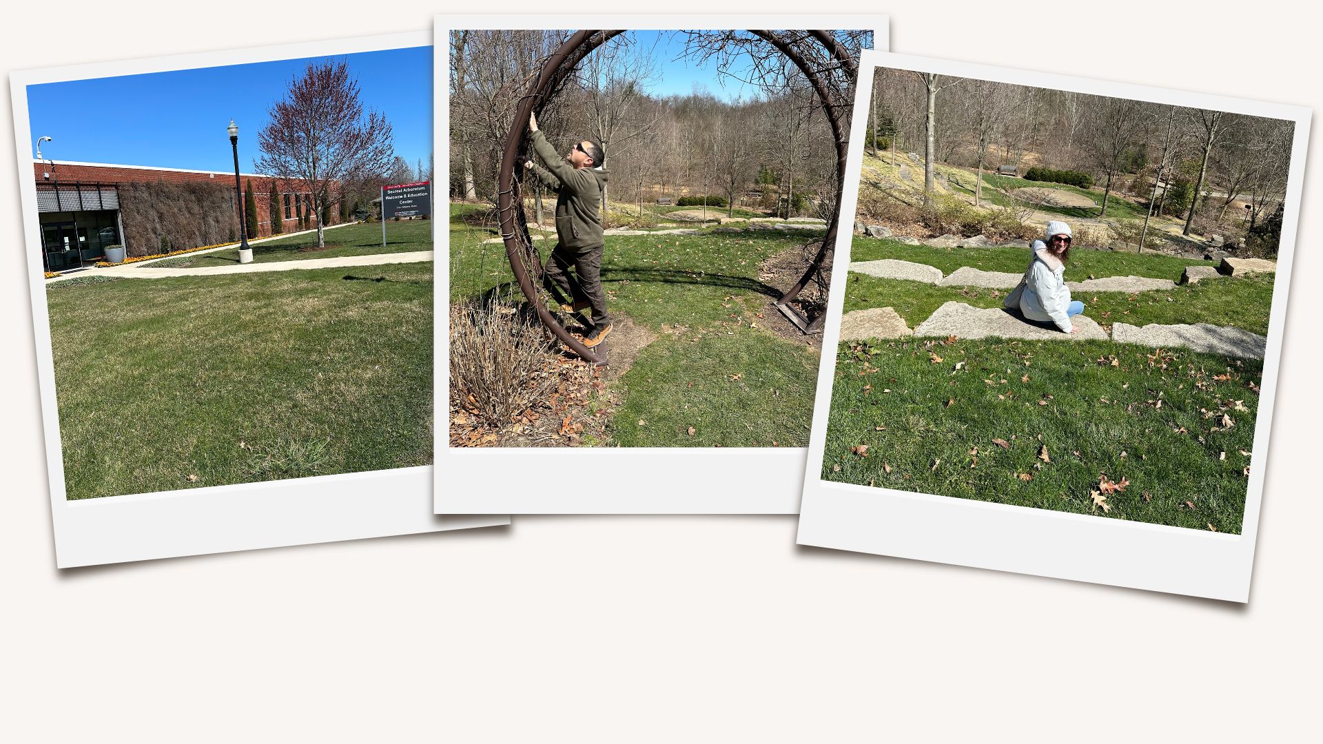 A collage of three images showcasing Secrest Arboretum in Wooster, OH. The first image shows the exterior of the Secrest Arboretum and Education Center, surrounded by green lawns and a leafless tree. The second image captures Dominic playfully climbing a large, circular metal structure in the garden. The third image depicts Angela sitting on large stone slabs on a grassy area, enjoying the sunny day.