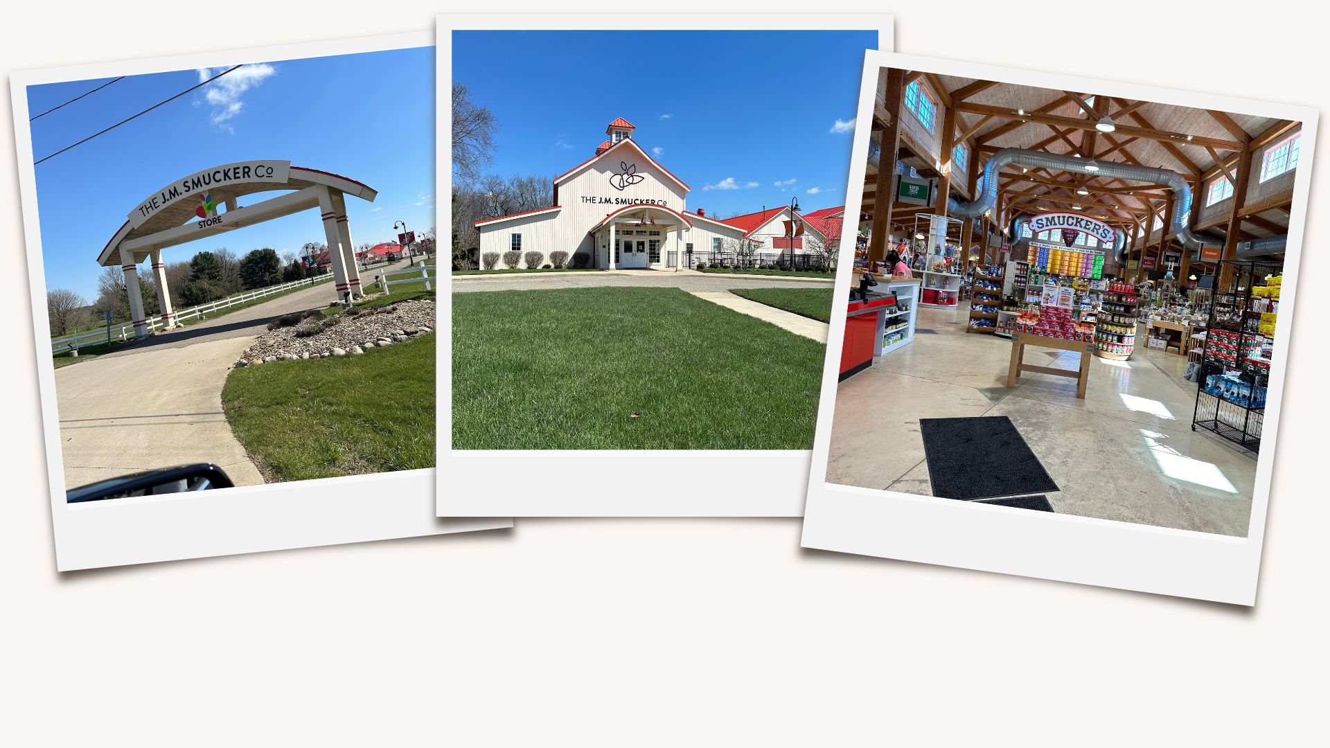 A collage of three images showcasing The J.M. Smucker Company in Wooster, OH. The first image shows the main entrance archway with the company's name and logo. The second image displays the exterior of the Smucker's store, featuring a barn-like building with well-manicured lawns. The third image captures the inside of the store, filled with various Smucker's products and colorful displays under a rustic wooden ceiling.