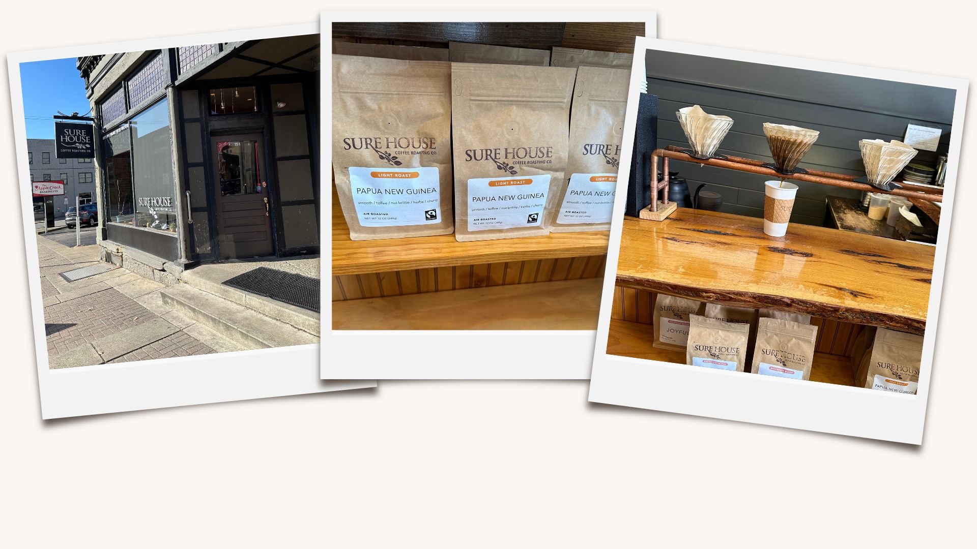 A collage of three images featuring Sure House Coffee Roasting Co. in Wooster, OH. The first image shows the exterior of Sure House Coffee, a quaint storefront with a sign and large windows. The second image displays several bags of Papua New Guinea coffee beans on a wooden shelf inside the shop. The third image captures a pour-over coffee setup on a wooden counter with three drippers and a paper cup beneath one of them.