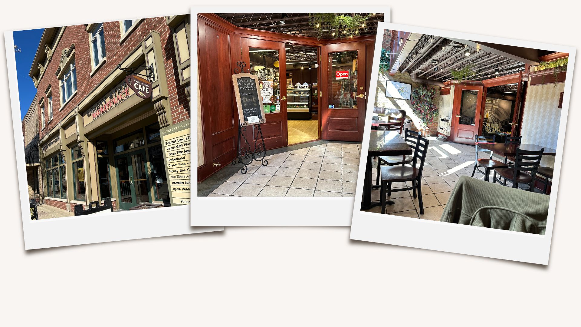 A collage of three images featuring Undergrounds Cafe in Wooster, OH. The first image shows the exterior of the cafe, with a classic brick facade and a sign that reads "Undergrounds Cafe." The second image captures the entrance of the cafe, highlighting a welcoming chalkboard sign and a glimpse of the interior. The third image shows the inside seating area of the cafe, with several tables and chairs arranged under an industrial-style ceiling.