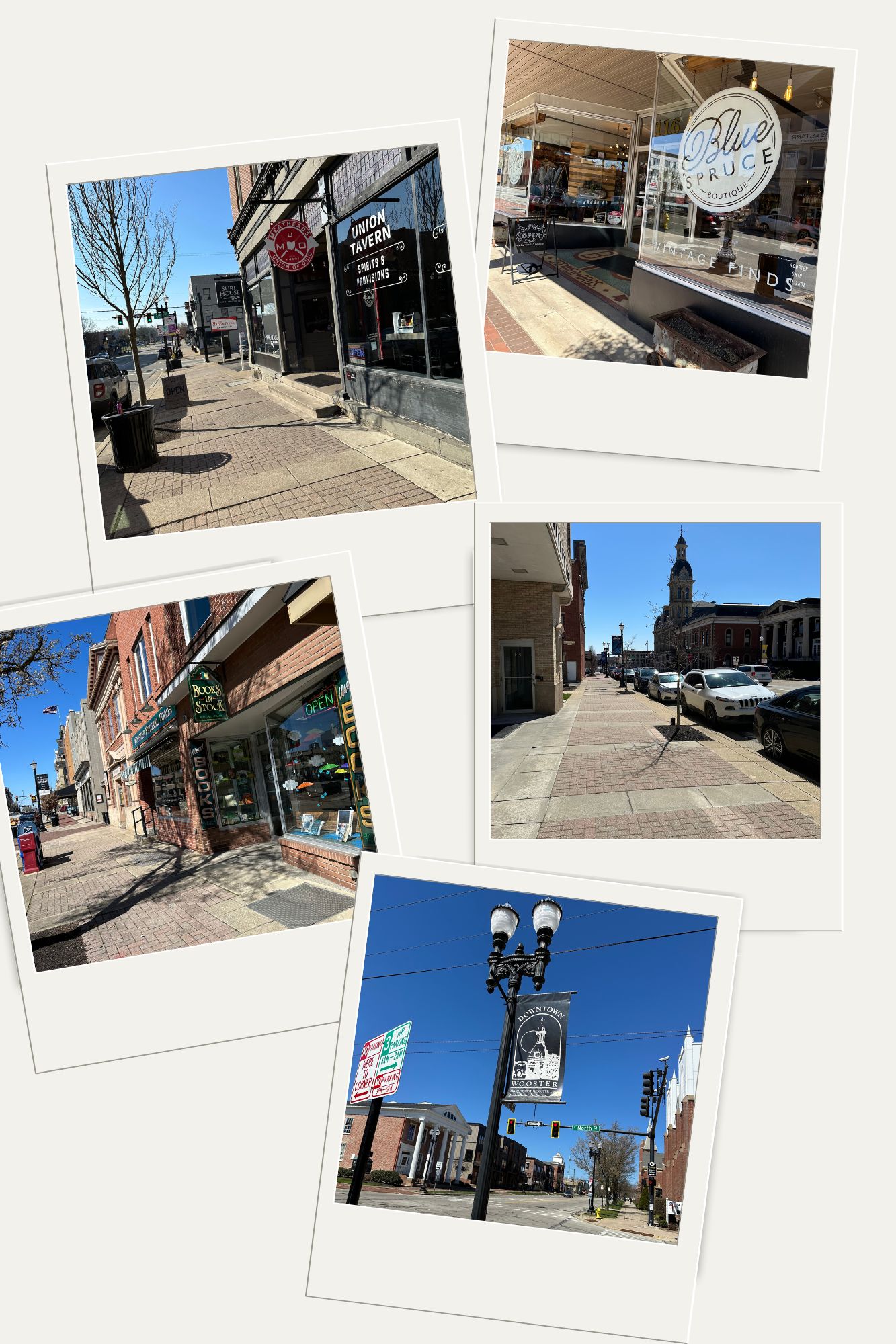 A collage of five images showcasing downtown Wooster, OH. The first image shows a street view featuring Union Tavern and other storefronts with a clear blue sky. The second image highlights the Blue Spruce Boutique with its vintage finds sign. The third image captures a view down a main street with parked cars and historic buildings in the distance. The fourth image shows the entrance of Books in Stock, a local bookstore. The fifth image displays a street lamp with a banner that reads "Downtown Wooster" against a backdrop of street signs and buildings.