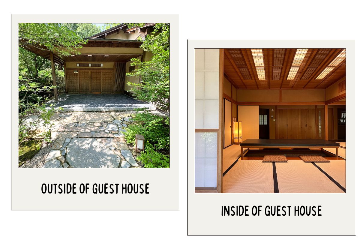 The left polaroid image shows the outside of a traditional Japanese guest house, featuring a stone pathway leading to a wooden entrance surrounded by lush greenery. The right polaroid image displays the inside of the guest house, showcasing a minimalist room with tatami mat flooring, a low wooden table with floor cushions, and soft lighting from traditional lamps. Both images have a white border with text at the bottom; the left reads "OUTSIDE OF GUEST HOUSE" and the right reads "INSIDE OF GUEST HOUSE."