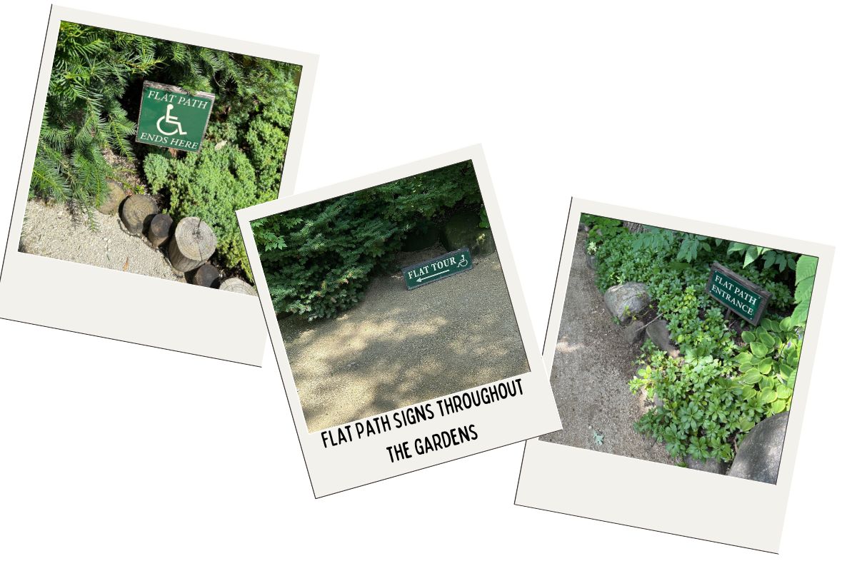 "Three polaroid-style photos of green signs marking accessible flat paths at the Anderson Japanese Gardens. The first photo shows a sign reading 'Flat Path Ends Here' surrounded by lush greenery and wooden log barriers. The second photo shows a sign that says 'Flat Tour' positioned along a shaded, gravel path. The third photo displays a sign labeled 'Flat Path Entrance,' nestled among various plants and bushes. Caption below the photos reads 'Flat Path Signs Throughout the Gardens.'"