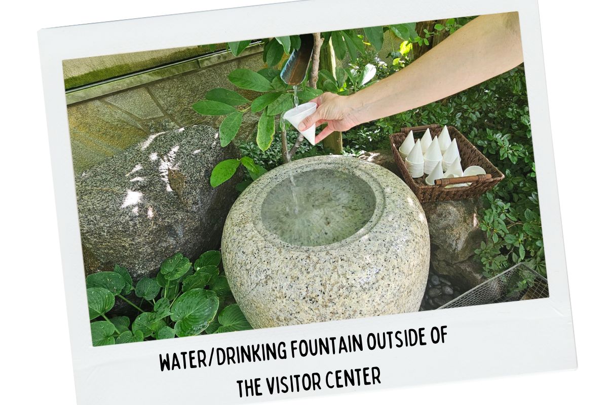 "Polaroid style photo labeled 'Water/Drinking Fountain Outside of the Visitor Center.' It shows a hand holding a cup under a stream of water flowing from a spout into a large stone basin. A basket with paper cups is placed nearby, surrounded by lush greenery."