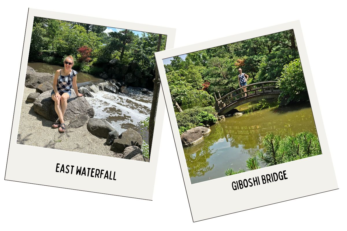 "Two polaroid-style photos". The first photo shows Angela sitting on a large rock beside the 'East Waterfall,' with cascading water and lush greenery in the background. The second photo captures her standing on the 'Giboshi Bridge,' an arched wooden bridge over a tranquil pond surrounded by trees and bushes. Both scenes depict a serene and picturesque natural setting."