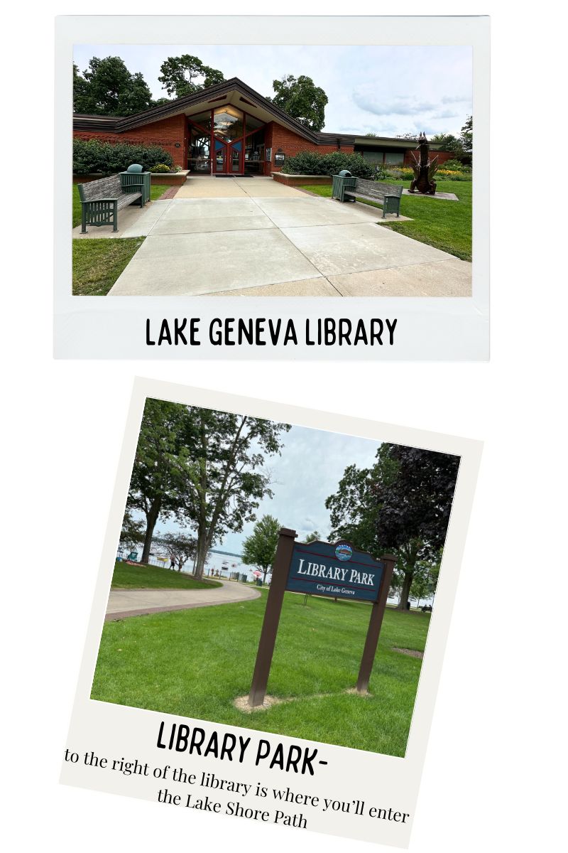 1. Lake Geneva Library: A front view of Lake Geneva Library with its distinct mid-century modern architecture, flanked by benches and greenery, under a partly cloudy sky.
2. Library Park: An image showing the entrance to Library Park in Lake Geneva, featuring a sign that reads "Library Park - City of Lake Geneva." The park has lush green grass, trees, and a path leading towards the lake. The caption mentions the proximity to the Lake Shore Path.