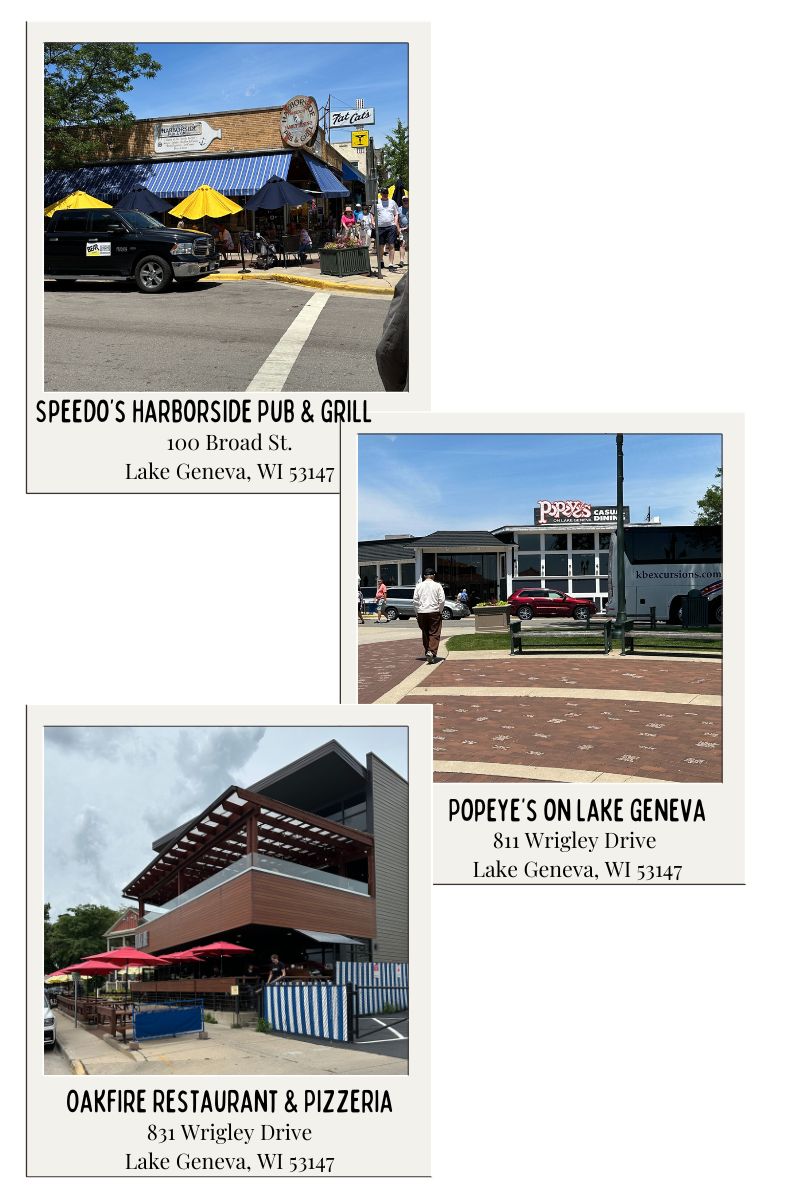 1. Speedo's Harborside Pub & Grill: A bustling street view of Speedo's Harborside Pub & Grill located at 100 Broad St, Lake Geneva, WI 53147, featuring outdoor seating with blue and yellow umbrellas and patrons enjoying a sunny day.
2. Popeye's on Lake Geneva: A photo of Popeye's on Lake Geneva at 811 Wrigley Drive, Lake Geneva, WI 53147, showing the restaurant's entrance and nearby parked cars, with people walking towards the entrance on a clear day.
3. Oakfire Restaurant & Pizzeria: An image of Oakfire Restaurant & Pizzeria located at 831 Wrigley Drive, Lake Geneva, WI 53147, displaying its modern two-story building with a covered outdoor dining area featuring red umbrellas and blue striped barriers.