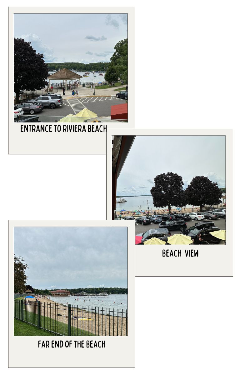 1. Entrance to Riviera Beach: A photo of the entrance to Riviera Beach in Lake Geneva, showing a small pavilion, people walking, parked cars, and boats on the lake under a partly cloudy sky.
2. Beach View: A view of Riviera Beach from a higher vantage point, capturing the sandy beach, people enjoying the waterfront, parked cars, and the lake with boats in the distance.
3. Far End of the Beach: An image of the far end of Riviera Beach, featuring a sandy shoreline, people lounging, a fence, and the lake with a backdrop of trees and buildings.