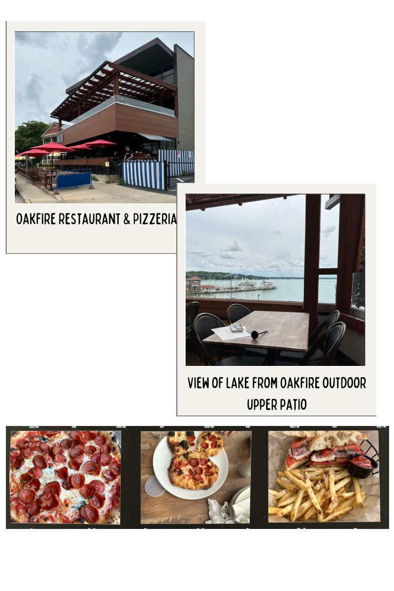 1. Oakfire Restaurant & Pizzeria: An image of Oakfire Restaurant & Pizzeria located at 831 Wrigley Drive, Lake Geneva, WI 53147, displaying its modern two-story building with a covered outdoor dining area featuring red umbrellas and blue striped barriers.
2. View of lake from Oakfire outdoor upper patio: An image showing the view looking out onto Lake Geneva. The sky has fluffy clouds and the water is calm. There is an empty table with 4 chairs in the forefront of the photo.
3. Collage of 1. pepperoni pizza 2. Mickey Mouse pepperoni pizza 3. Capri sandwich with french fries and a small container of ketchup