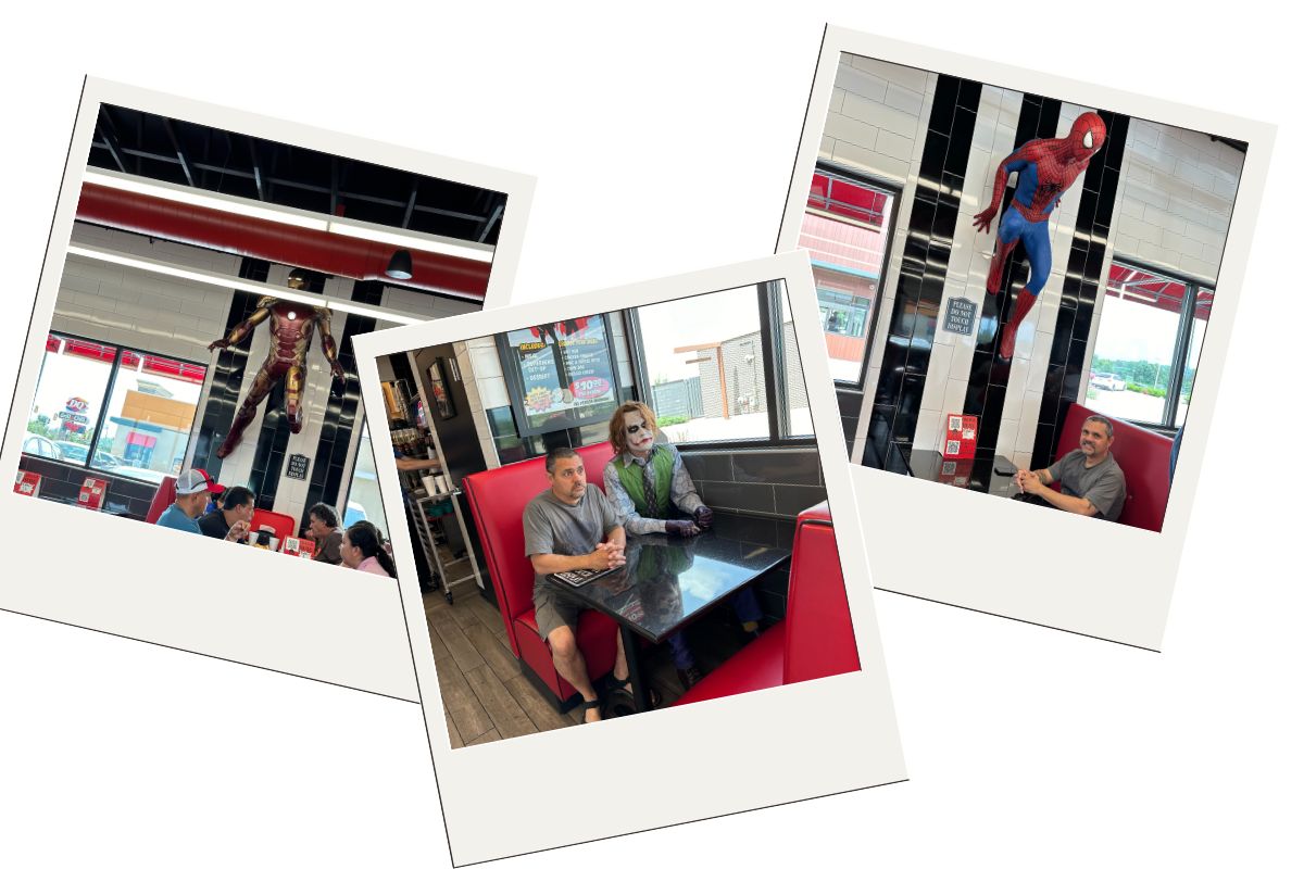 3 Polaroid style pictures. The first one is a picture of Iron Man. The second picture is Dominic sitting in a red booth next to the Joker. The third picture is Spiderman on the wall over Dominic sitting in a red booth.