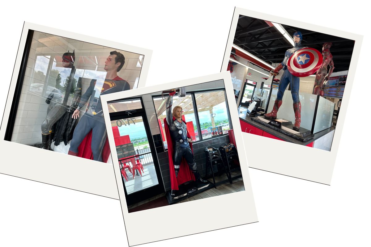 3 Polaroid style pictures. The first picture is Batman and Superman behind glass. The second picture is Thor. The third picture is Captain America standing on a counter. 