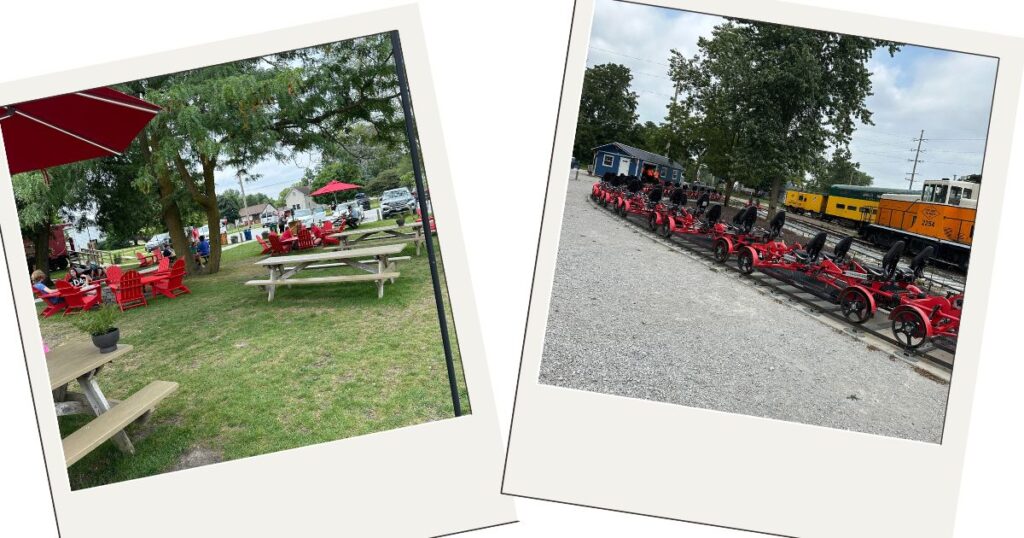 The first picture on the left is a grassy area with some picnic tables and red adirondack chairs. The second picture on the right is a picture of red rail bikes.