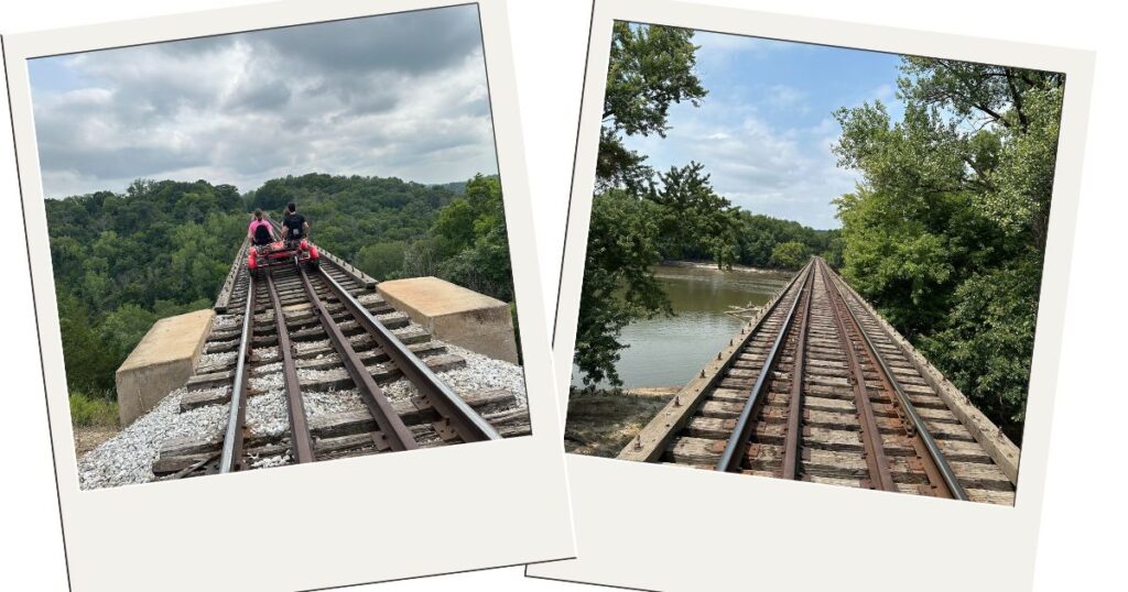 The picture on the left is of a rail bike on the tracks that's about to go over The Bass Point Creek High Trestle Bridge. The picture on the right is the railroad tracks that lead over the Des Moines River. There are tall green leafy trees on the right.