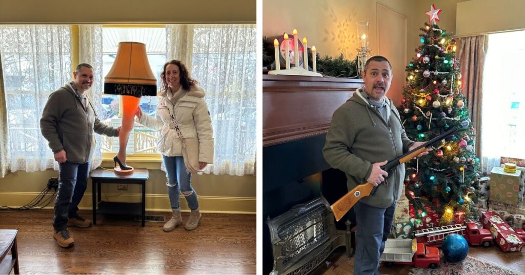 A Christmas Story house- living room. Dominic and I are standing in front of a window with our hand on the leg lamp. The leg lamp is on a small table. Behind Dominic's leg is an outlet that's overloaded with plugs.
The image on the right is Dominic posing with a Red Ryder BB gun in front of a Christmas tree with presents on the floor.