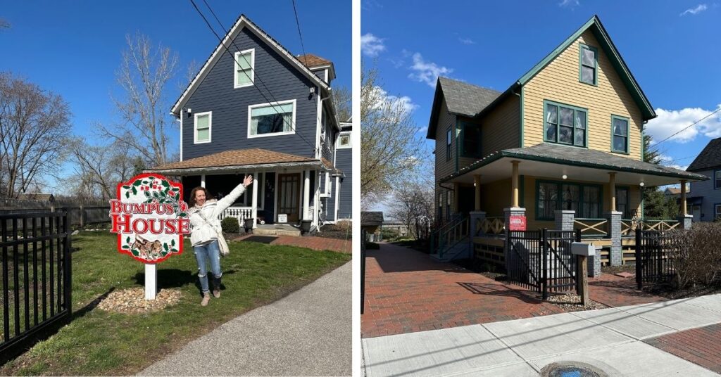 The picture on the left is a blue house with a sign in the front yard that says, "Bumpus House". I am standing with my hand in the air next to the sign.
The picture on the right is a tan house with green windows and a large front porch. Next to the house is a red brick driveway. It is the house from A Christmas Story.