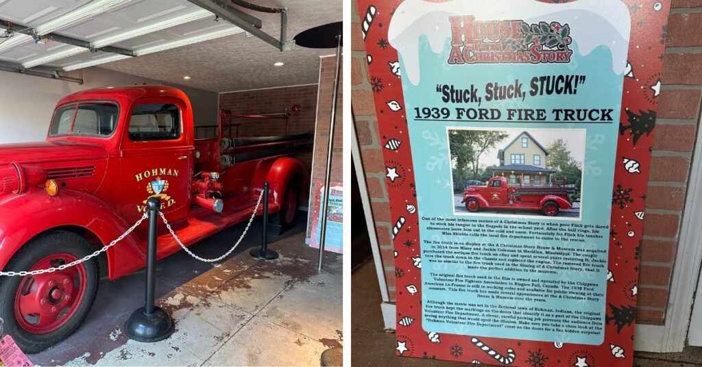 The image on the left shows a 1939 Ford red Fire Truck in a garage with an open door. There are chains along the side of the truck.
The image on the right is an informational poster telling about the firetruck and how it was used in the movie.