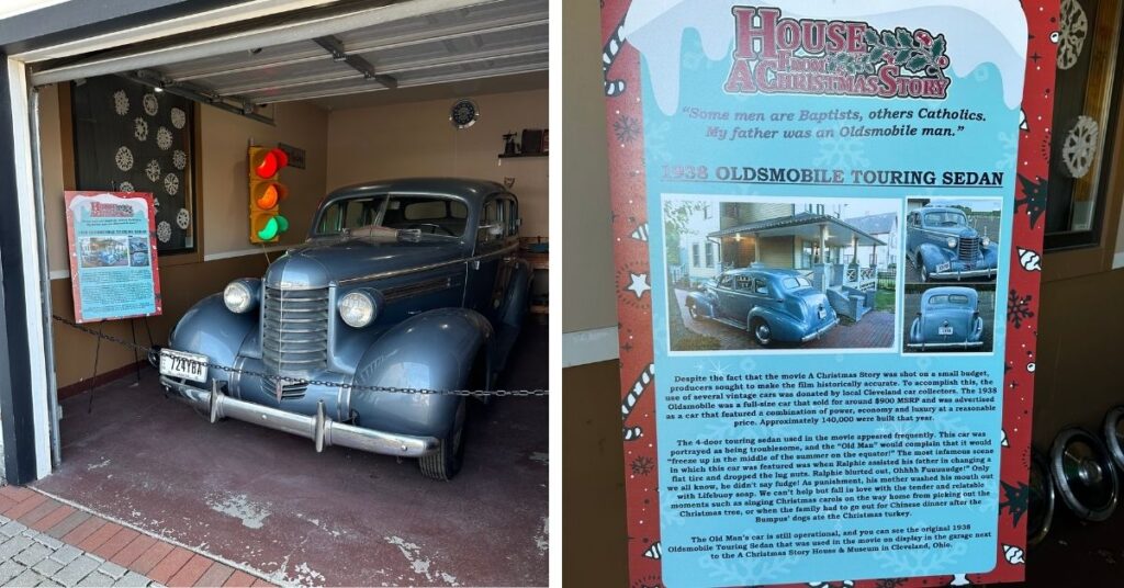 The image on the left shows a 1938 Oldsmobile in a garage. The garage door is open and has a chain in front of the car. 
The image on the right shows an informational sign about the car and how it was used in the movie.