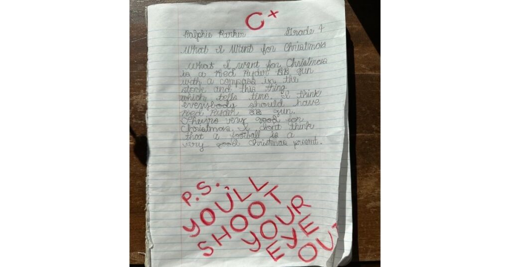 Ralphie's school essay about what he wants for Christmas. It is written in a notebook. There is a grade of C+ in red pen at the top and P.S. You'll shoot your eye out at the bottom of the paper.