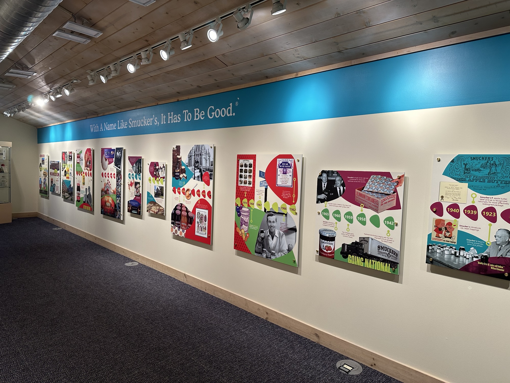 Picture of the Hallway of History with multiple signs and pictures showing the history of the company.