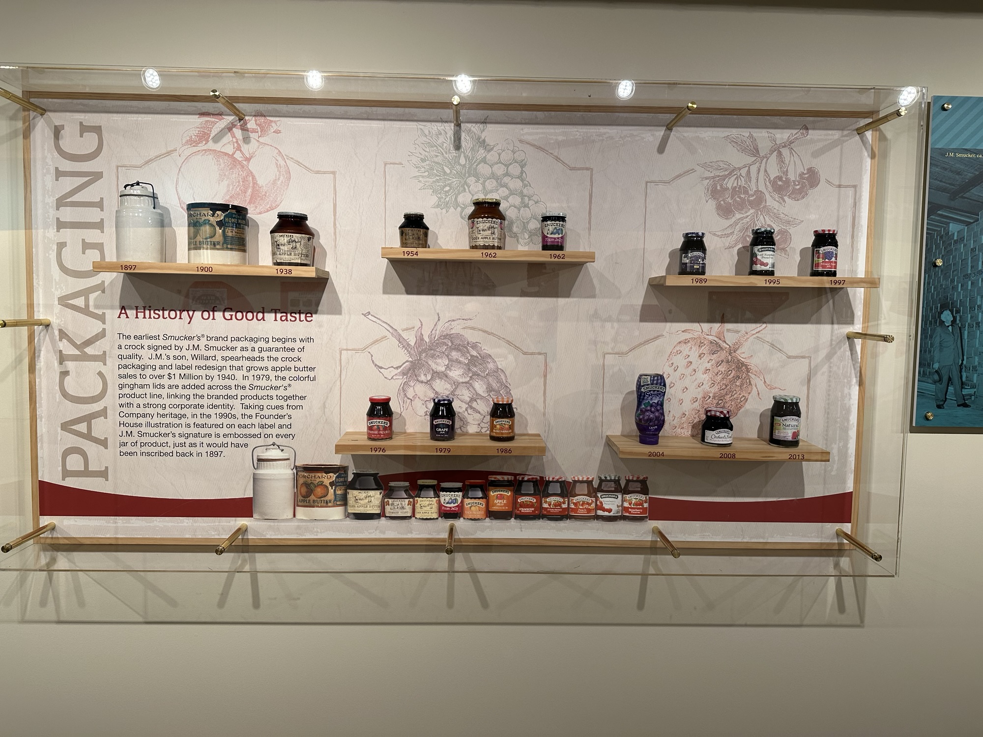 Wall display of the various packaging throughout the years.