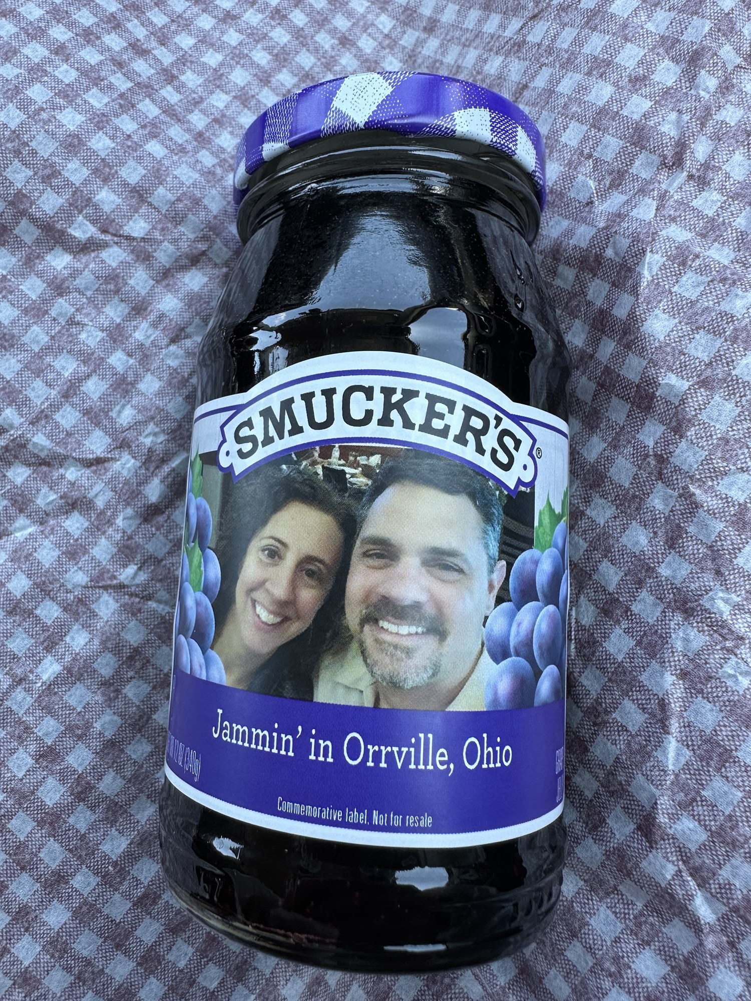 Personalized Smucker's grape jam jar with the tagline "Jammin' in Orrville, Ohio".